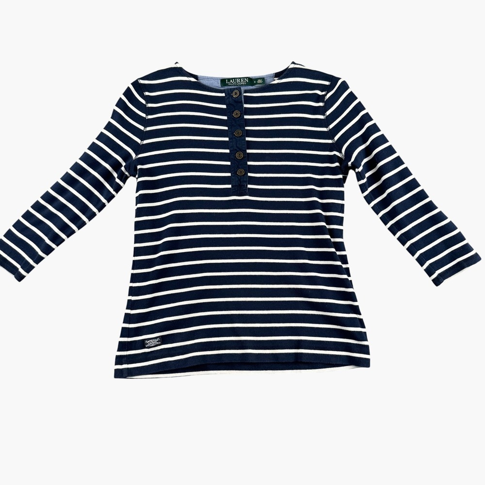 Lauren Ralph Lauren Navy White Striped Henley 3/4 Sleeve Top Small